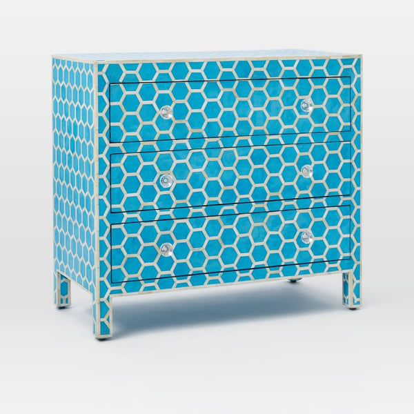 Bone Inlay Chest of 3 Drawer Honeycomb Design Turquoise Blue