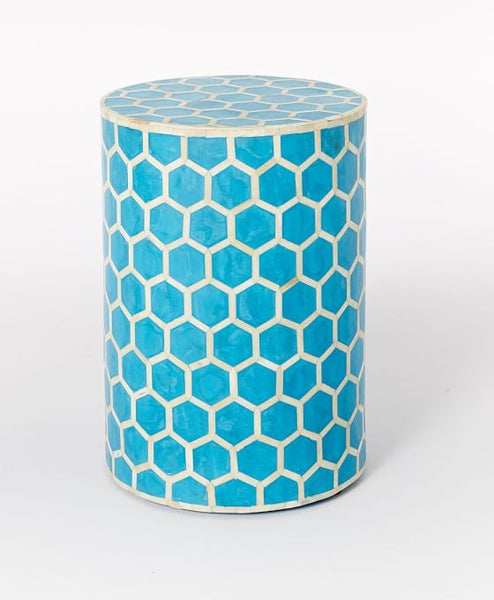 Bone Inlay Round Stool Honeycomb Design Turquoise