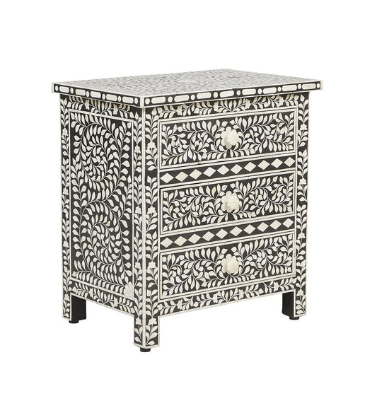 Bone Inlay Floral 3 Drawer Bedside Black
