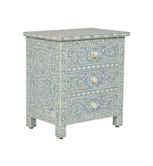 Bone Inlay Floral 3 Drawer Bedside Light Blue