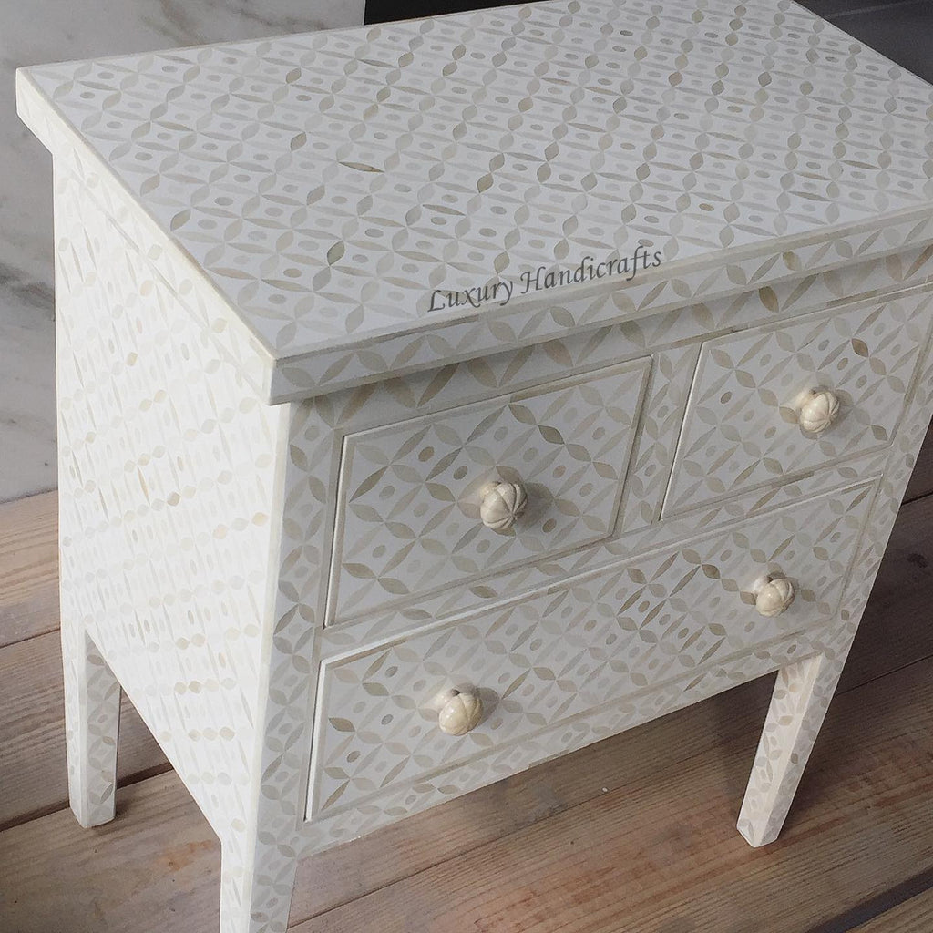 Geometric Bone Inlay 3 Drawer Nightstand White luxuryhandicrafts.in