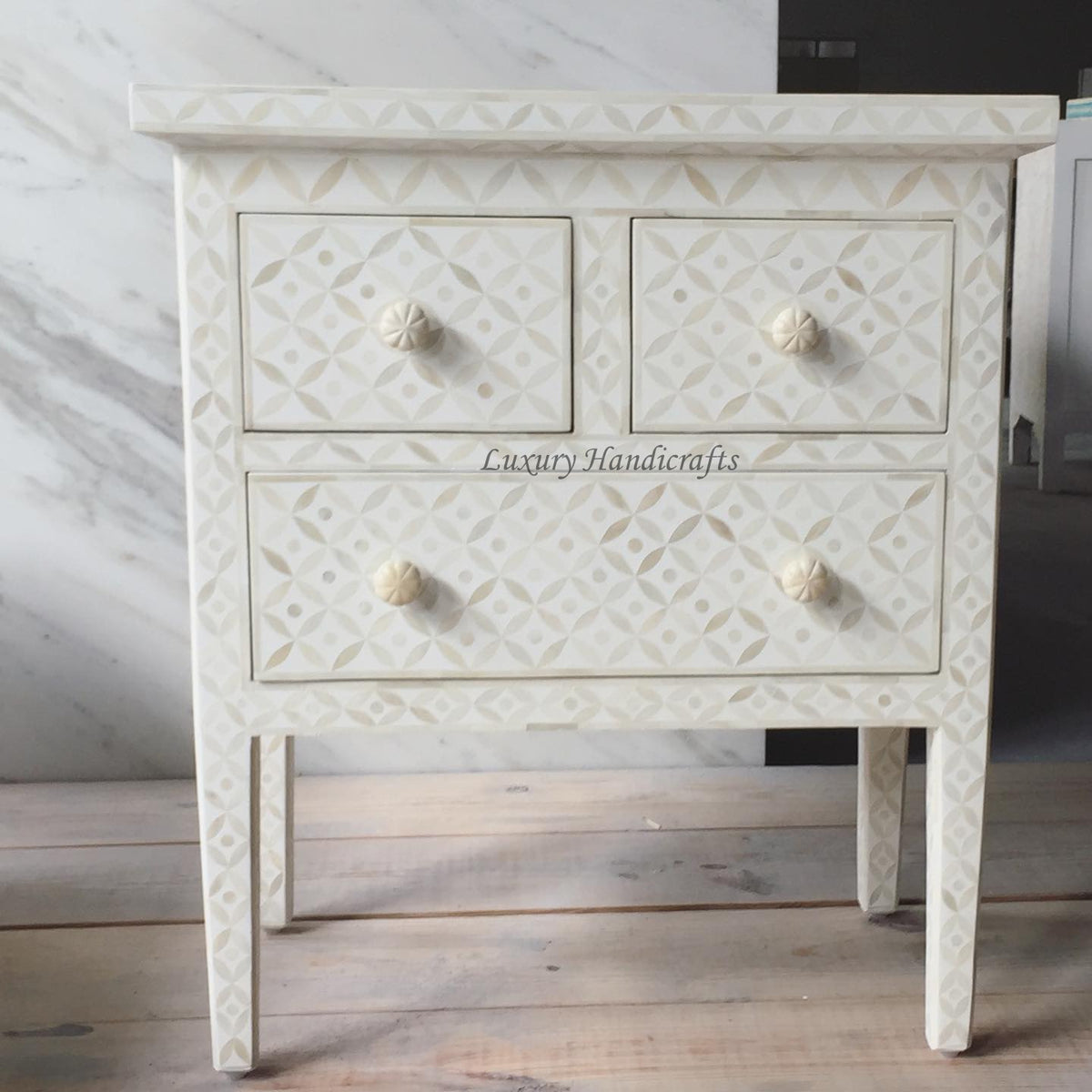 Geometric Bone Inlay 3 Drawer Nightstand White