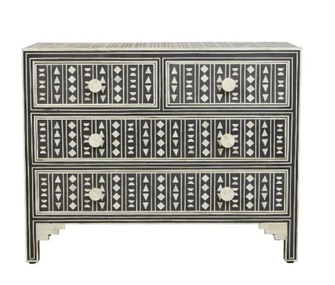 Bone Inlay Chest of 4 Drawers Tribal Design in Black