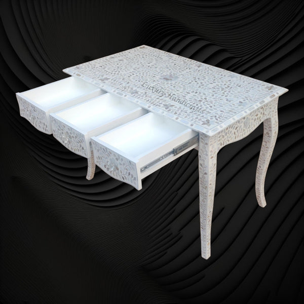 Curved Mother of Pearl Inlay Desk Floral Beige