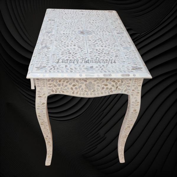 Curved Mother of Pearl Inlay Desk Floral Beige