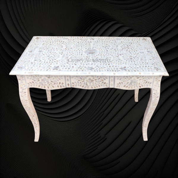 Curved Mother of Pearl Inlay Desk Floral Beige