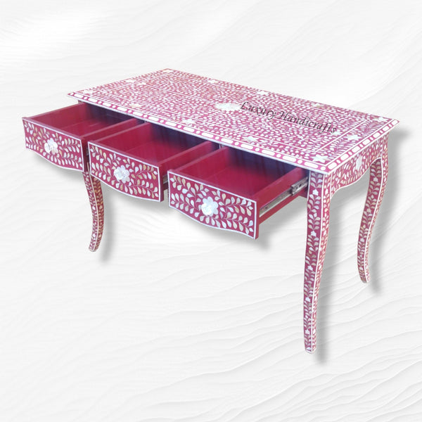 Curved Mother of Pearl Inlay Desk Floral Burgundy