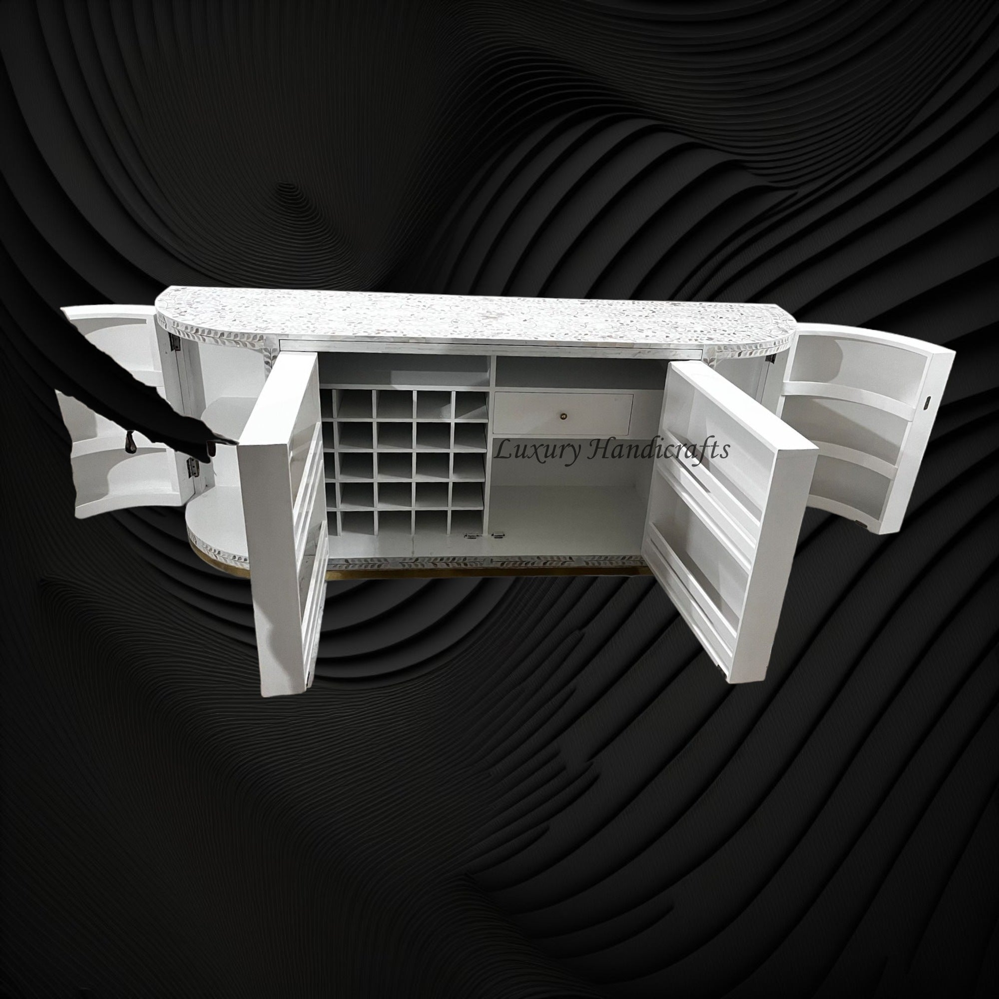 Floral MOP Inlay Bar Cabinet White