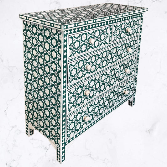 Flower Bone Inlay 5 Drawer Chest Teal Green