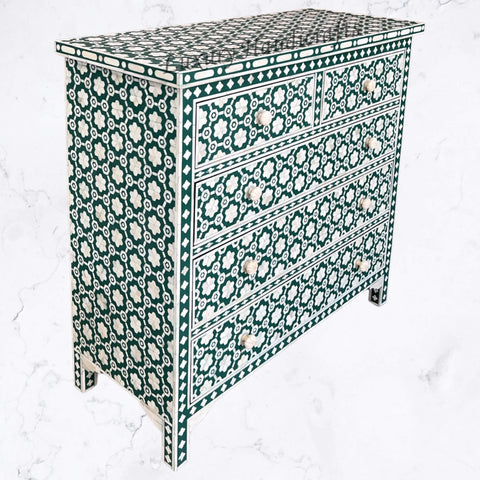 Flower Bone Inlay 5 Drawer Chest Teal Green