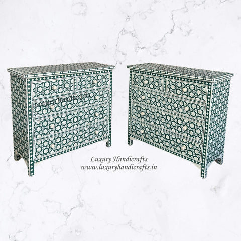 Flower Bone Inlay 5 Drawer Chest Teal Green