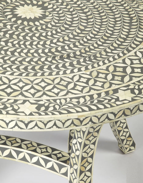 Geometric Floral Bone Inlay Round Dining Table Grey
