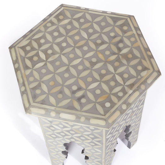 Bone Inlay Geometric Design Hexagonal Table Grey