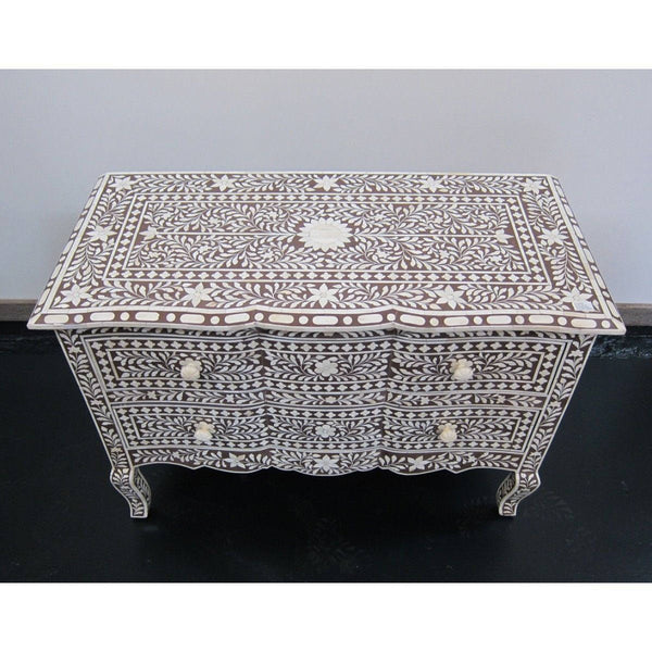 Brown Bone Inlay French Chest 2 Drawer Floral Design