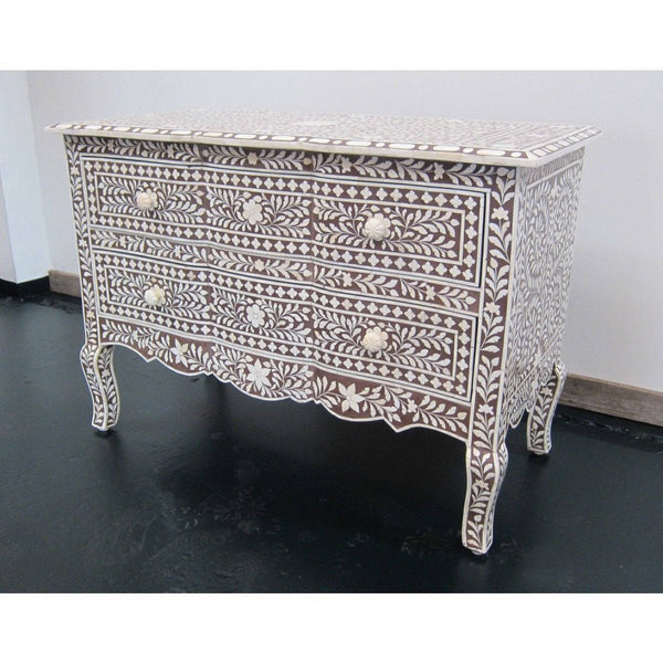 Brown Bone Inlay French Chest 2 Drawer Floral Design