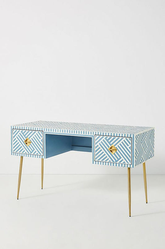 Optical Bone Inlay Desk 2 Drawers Sky Blue