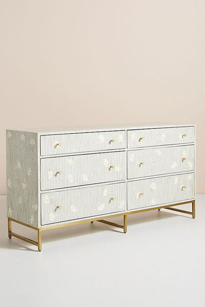 Floral Motif Bone Inlay Chest of 6 Drawers Grey