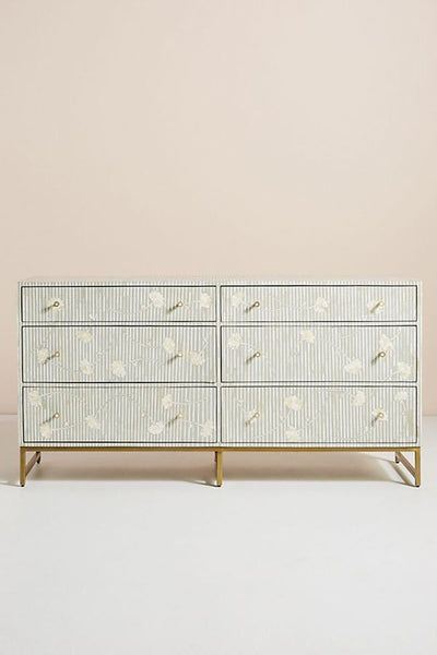 Floral Motif Bone Inlay Chest of 6 Drawers Grey