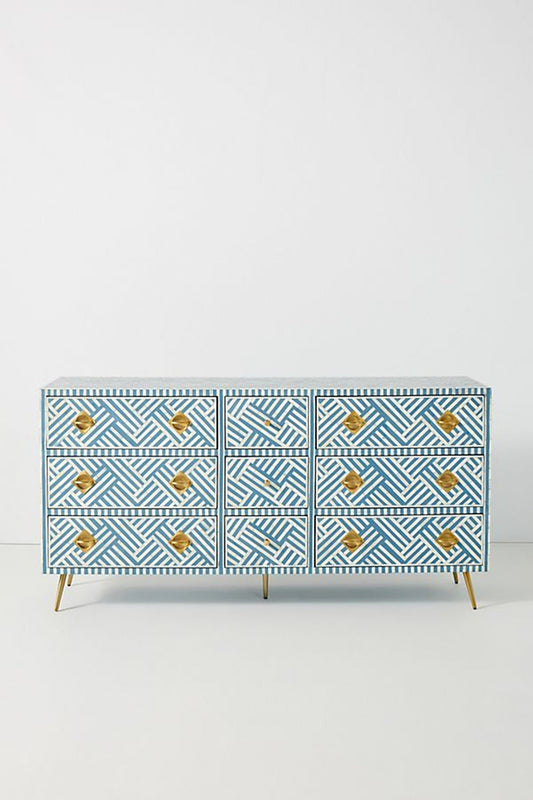 Optical Bone Inlay 9 Drawer Chest Blue