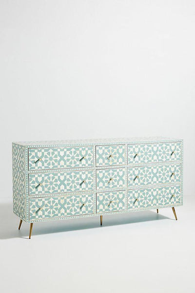 Bone Inlay Moroccan 9 Drawer Chest Green