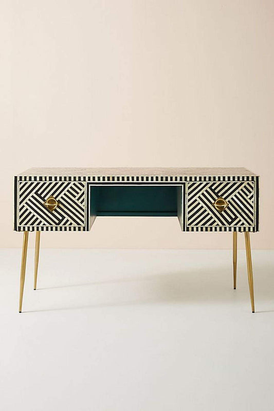 Optical Bone Inlay Desk 2 Drawers Black