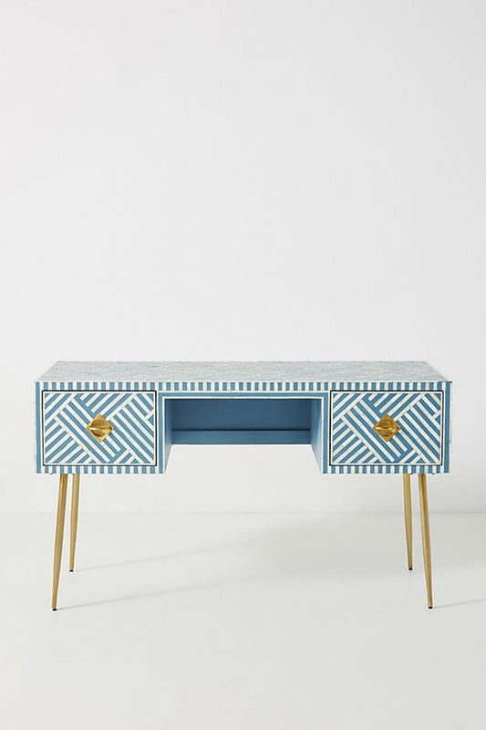 Optical Bone Inlay Desk 2 Drawers Sky Blue