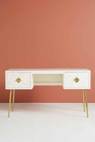 Optical Bone Inlay Desk 2 Drawers White