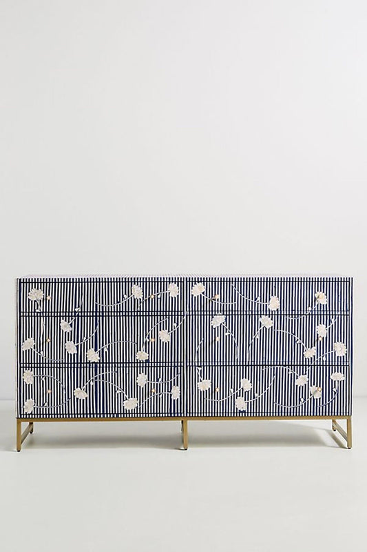 Floral Motif Bone Inlay Chest of 6 Drawers Indigo Blue