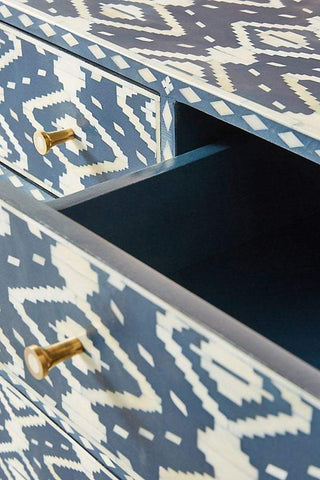 Ikat Bone Inlay 6 Drawers Chest Indigo Blue