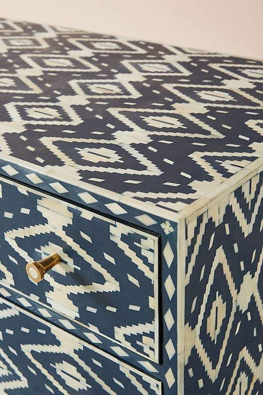Ikat Bone Inlay 6 Drawers Chest Indigo Blue