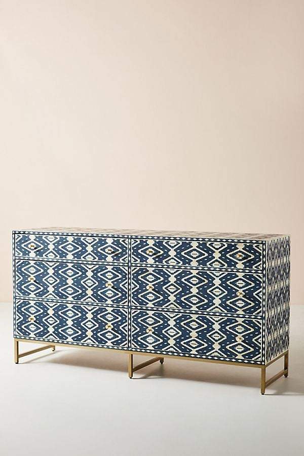 Ikat Bone Inlay 6 Drawers Chest Indigo Blue