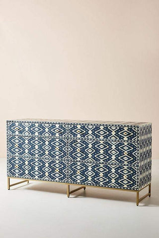Ikat Bone Inlay 6 Drawers Chest Indigo Blue