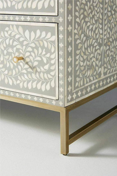 Scroll Vine Bone Inlay 6 Drawer Dresser Grey