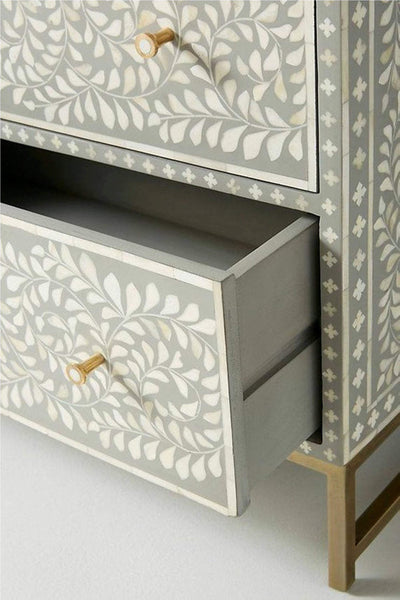 Scroll Vine Bone Inlay 6 Drawer Dresser Grey