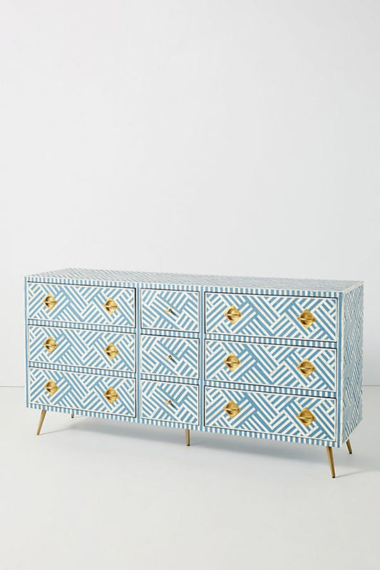 Optical Bone Inlay 9 Drawer Chest Blue