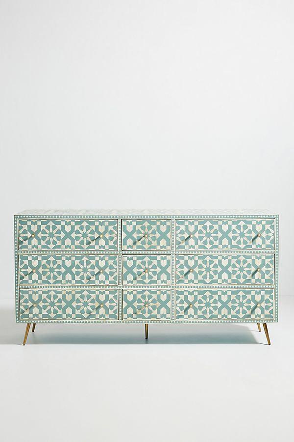 Bone Inlay Moroccan 9 Drawer Chest Green