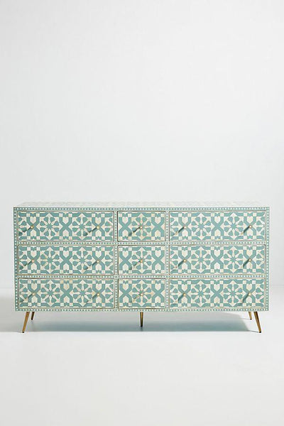 Bone Inlay Moroccan 9 Drawer Chest Green