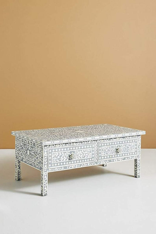 Floral Bone Inlay 2 Drawer Coffee Table Grey