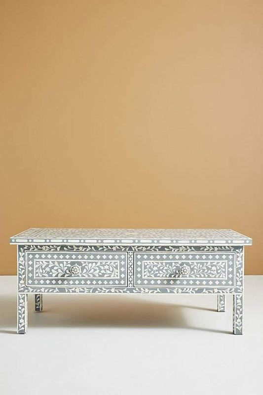 Floral Bone Inlay 2 Drawer Coffee Table Grey
