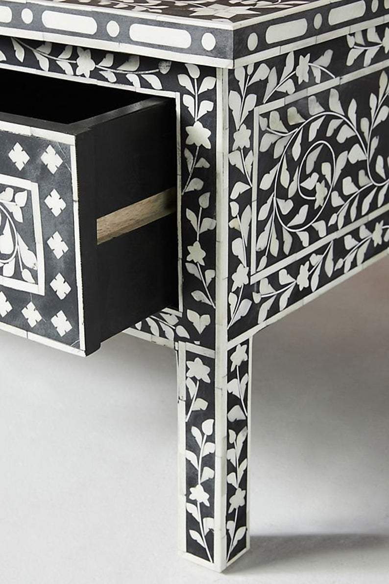 Floral Bone Inlay 2 Drawer Coffee Table Black