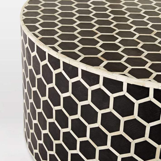 Bone Inlaid Round Coffee Table Honeycomb Black