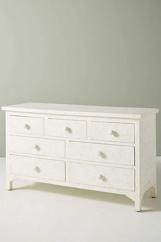 Bone Inlay Floral Chest of 7 Drawers White