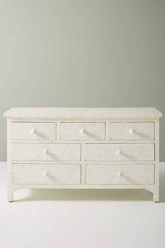 Bone Inlay Floral Chest of 7 Drawers White