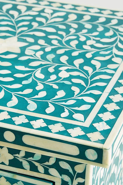 Bone Inlay Floral 3 Drawers Bedside Teal Green