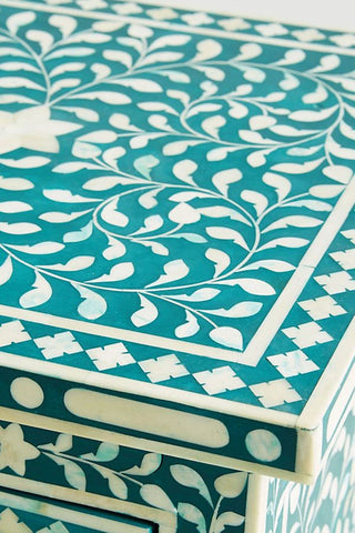 Bone Inlay Floral 3 Drawers Bedside Teal Green