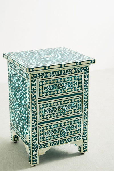Bone Inlay Floral 3 Drawers Bedside Teal Green