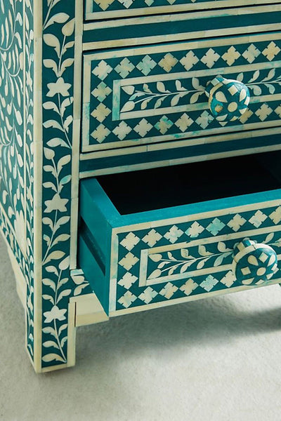 Bone Inlay Floral 3 Drawers Bedside Teal Green