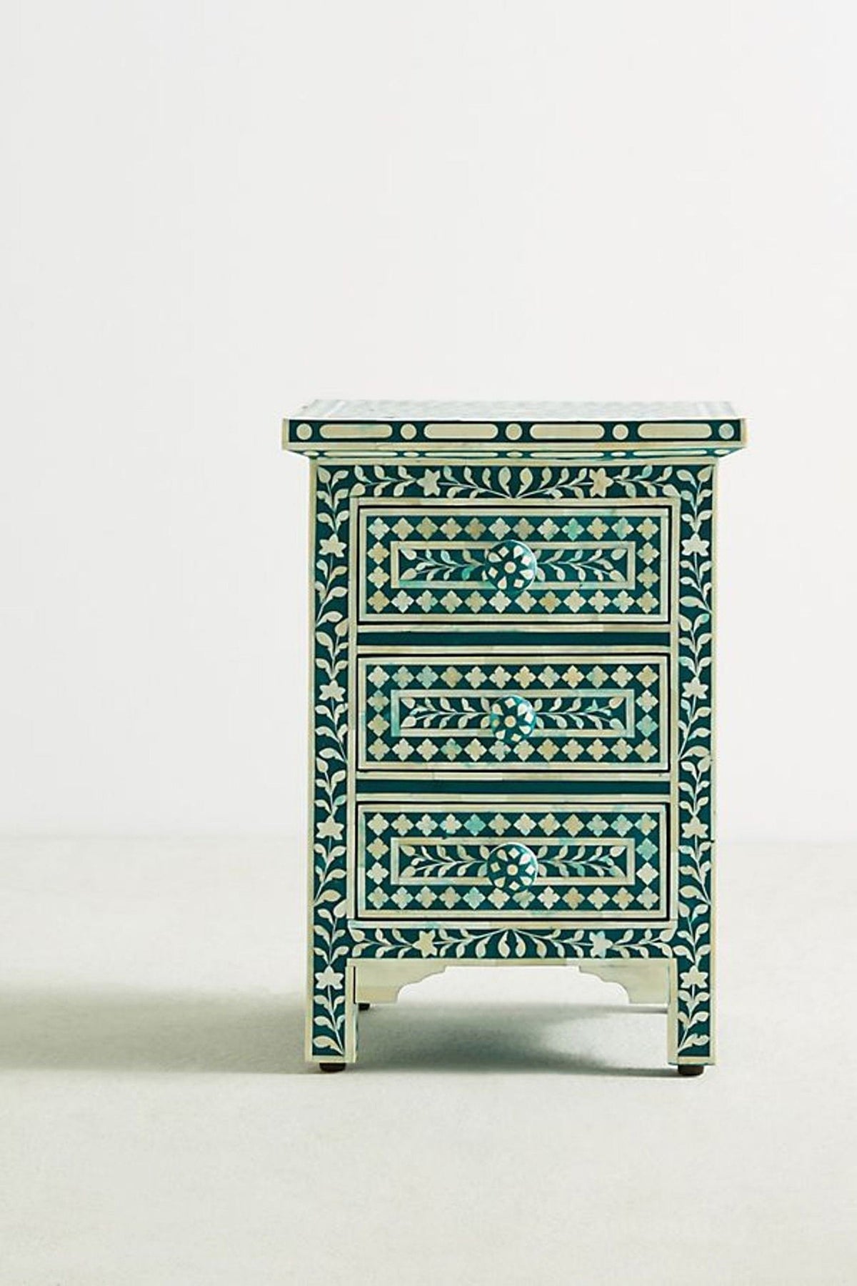 Bone Inlay Floral 3 Drawers Bedside Teal Green