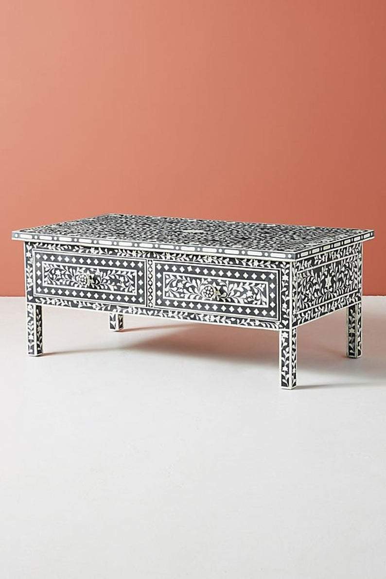 Floral Bone Inlay 2 Drawer Coffee Table Black