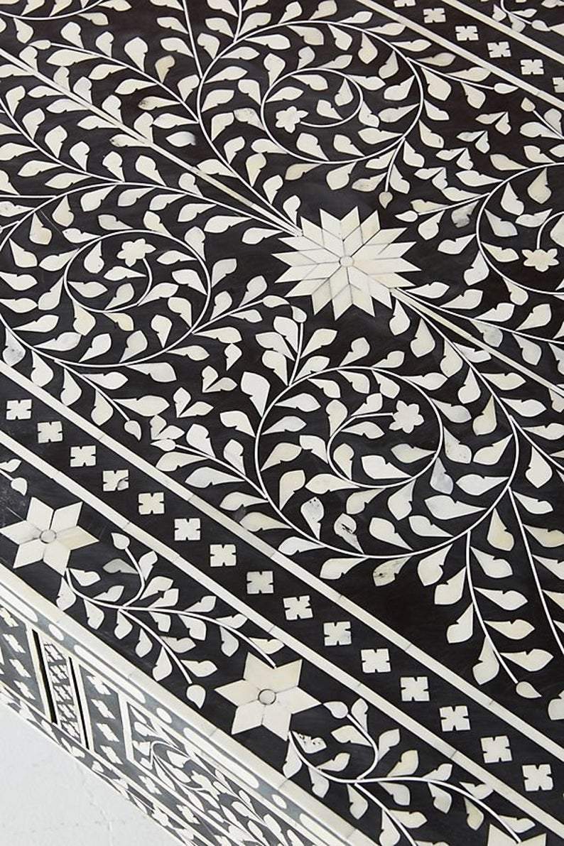 Floral Bone Inlay 2 Drawer Coffee Table Black
